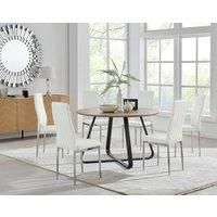 SANTORINI Brown Wood Round Dining Table And 6 Faux Leather Milan Chairs