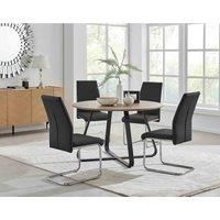 SANTORINI Brown Wood Round Dining Table And 4 Faux Leather Lorenzo Chairs