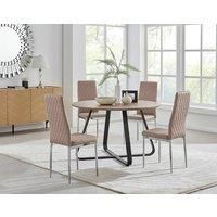 SANTORINI Brown Wood Round Dining Table And 4 Faux Leather Milan Chairs