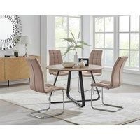 SANTORINI Brown Wood Round Dining Table And 4 Faux Leather Murano Chairs