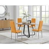 SANTORINI Brown Wood Round Dining Table And 4 Faux Leather Milan Chairs