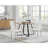 SANTORINI Brown Wood Round Dining Table And 4 Faux Leather Milan Chairs