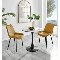 Furniture Box Elina White Marble Effect Round Dining Table and 2 Mustard Pesaro Black Leg Chairs