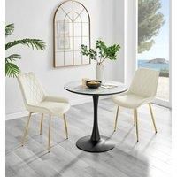 Elina Round Dining Table in White, Marble Effect & 2 Pesaro Black Leg Chairs