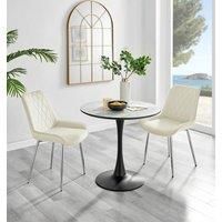 Elina Round Dining Table in White with Marble Effect & 2 Pesaro Silver Chairs