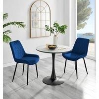 Elina Round Dining Table in White, Marble Effect & 2 Pesaro Black Leg Chairs