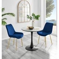 Furniture Box Elina White Marble Effect Round Dining Table and 2 Navy Pesaro Gold Leg Chairs