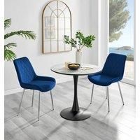 Furniture Box Elina White Marble Effect Round Dining Table and 2 Navy Pesaro Silver Chairs