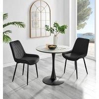 Elina Round Dining Table in White, Marble Effect & 2 Pesaro Black Leg Chairs