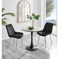 Elina Round Dining Table in White with Marble Effect & 2 Pesaro Silver Chairs