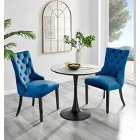 Furniture Box Elina White Marble Effect Round Dining Table and 2 Blue Belgravia Black Leg Chairs