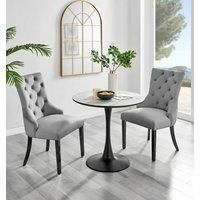 Elina Round Dining Table in White, Marble Effect & 2 Belgravia Velvet Chairs