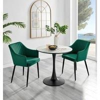 Elina White Round Dining Table, Marble Effect & 2 Calla Black Leg Velvet Chairs