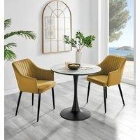 Elina White Round Dining Table, Marble Effect & 2 Calla Black Leg Velvet Chairs