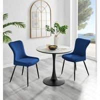 Furniture Box Elina White Marble Effect Round Dining Table and 2 Blue Nora Black Leg Chairs