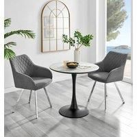 Furniture Box Elina White Marble Effect Round Dining Table and 2 Dark Grey Falun Silver Leg Chairs