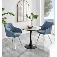 Elina Round Dining Table in White, Marble Effect & 2 Falun Silver Leg Chairs
