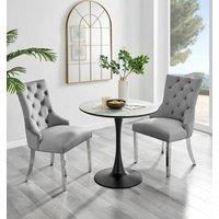 Elina Round Dining Table in White, Marble Effect & 2 Belgravia Velvet Chairs
