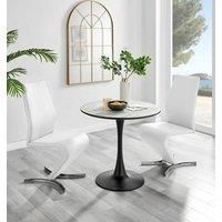 Elina Round Dining Table in White, Marble Effect & 2 Willow Faux Leather Chairs