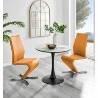 Elina Round Dining Table in White, Marble Effect & 2 Willow Faux Leather Chairs