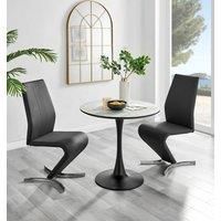 Elina Round Dining Table in White, Marble Effect & 2 Willow Faux Leather Chairs