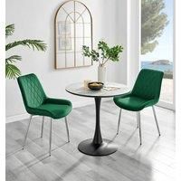 Elina Round Dining Table in White with Marble Effect & 2 Pesaro Silver Chairs