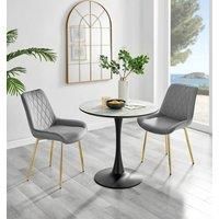 Furniture Box Elina White Marble Effect Round Dining Table and 2 Grey Pesaro Gold Leg Chairs