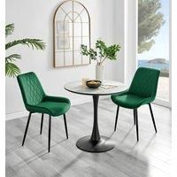 Elina Round Dining Table in White, Marble Effect & 2 Pesaro Black Leg Chairs