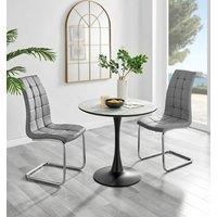 Elina Round Dining Table in White, Marble Effect & 2 Murano Faux Leather Chairs