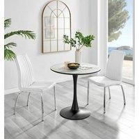Elina White Marble Effect Round Dining Table & 2 Isco Chairs, Easy to Clean