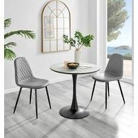 Elina Round Dining Table in White, Marble Effect & 2 Corona Black Leg Chairs