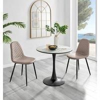 Elina Round Dining Table in White, Marble Effect & 2 Corona Black Leg Chairs