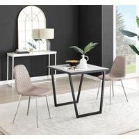 Furniture Box Carson White Marble Effect Square Dining Table and 2 Cappuccino Corona Silver Chairs