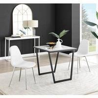 Furniture Box Carson White Marble Effect Square Dining Table and 2 White Corona Silver Chairs