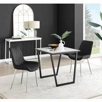 Furniture Box Carson White Marble Effect Square Dining Table and 2 Black Pesaro Silver Chairs