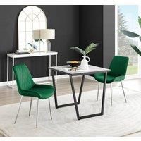Furniture Box Carson White Marble Effect Square Dining Table and 2 Green Pesaro Silver Chairs