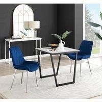 Furniture Box Carson White Marble Effect Square Dining Table and 2 Navy Pesaro Silver Chairs