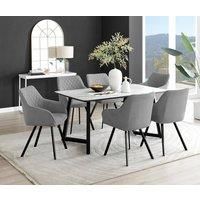 Carson Dining Table in White, Marble Effect & 6 Falun Black Leg Padded Chairs