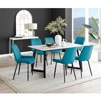 Furniture Box Carson White Marble Effect Dining Table and 6 Blue Pesaro Black Leg Chairs