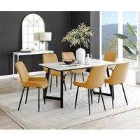 Carson Dining Table in White, Marble Effect & 6 Pesaro Black Leg Velvet Chairs