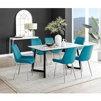 Furniture Box Carson White Marble Effect Dining Table and 6 Blue Pesaro Silver Chairs