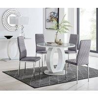 Furniture Box Giovani Round Grey 100Cm Table and 4 Grey Velvet Milan Chairs
