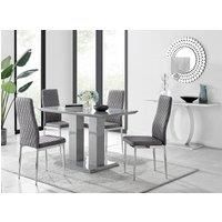 Imperia Grey High Gloss 4 Seater Dining Table with Structural 2 Plinth Column Legs 4 Soft Velvet Silver Leg Milan Chairs