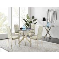 Novara 100cm Round Tempered Glass Dining Table with Gold Legs & 4 Milan Velvet Chairs