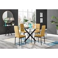 Novara Black Leg Round Glass Dining Table & 4 Velvet Milan Black Leg Chairs