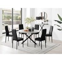 Furniture Box Novara Grey Concrete Effect Black Leg 120Cm Round Dining Table and 6 Black Velvet Milan Black Leg Chairs