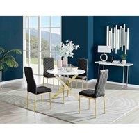 Novara White Gloss Gold Leg Round Dining Table & 4 Velvet Milan Gold Leg Chairs