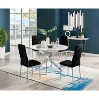 Furniture Box Novara White Marble 120Cm Round Dining Table and 4 Black Velvet Milan Chairs