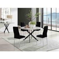 Furniture Box Novara White Marble Black Leg 120Cm Round Dining Table and 4 Black Velvet Milan Chairs