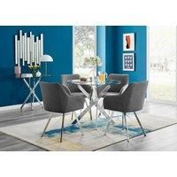 Novara Round Glass Dining Table & 4 Falun Silver Leg Chairs